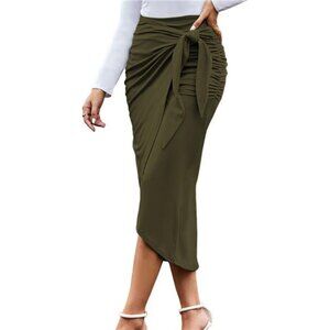 Women Ruched Pencil Skirt High Waist Wrap Tie Front